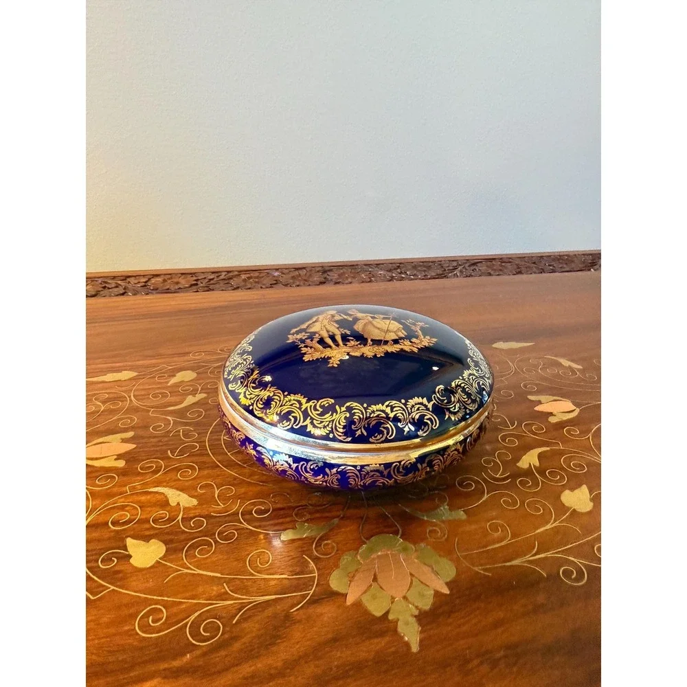 Vintage Limoges Cobalt Blue Gold Trinket Box, French Porcelain 4.5